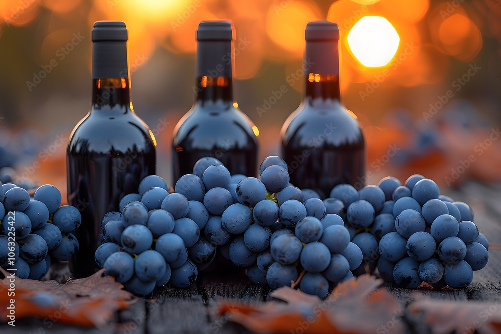 Obraz premium Autumn Vineyard Harvest with Grapes and Wine Bottles at Sunset