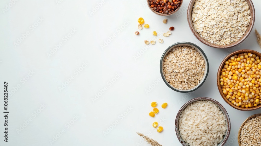 Colorful bowls filled with various grains like oats, rice, and corn create an appealing arrangement against a minimalist white backdrop. Generative AI Colorful bowls filled with various grains like oats, rice, and corn create an appealing arrangement against a minimalist white backdrop. Generative AI