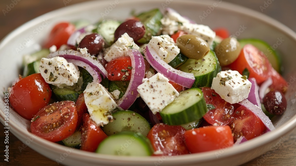 A refreshing Greek salad with juicy tomatoes, crunchy cucumbers A refreshing Greek salad with juicy tomatoes, crunchy cucumbers