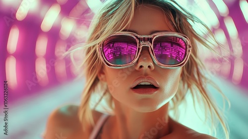 A stylish woman wearing large, reflective sunglasses stands in a futuristic setting, with neon purple and turquoise hues creating a lively atmosphere around her.