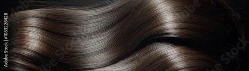 A close-up view of smooth, dark hair strands elegantly flowing and reflecting light against a dark background.