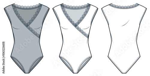 V Neck Bodysuit technical fashion illustration. Bodysuit with Lace trim fashion flat technical drawing template, lace, sleeveless, slim fit, front and back view, white, grey, women CAD mockup set.
