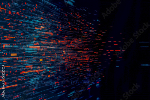 A colorful, abstract image of a cityscape with a lot of numbers and letters
