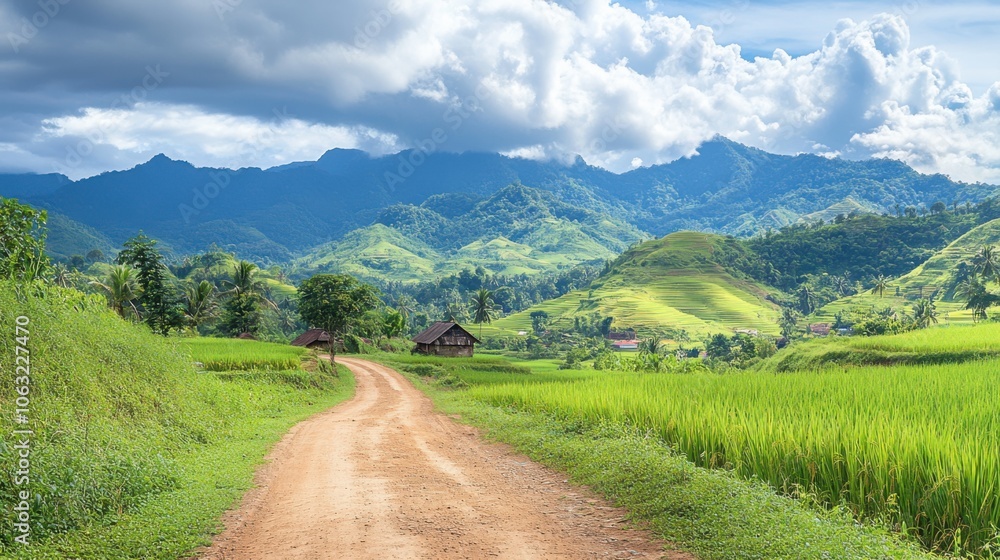 Obraz premium A scenic village road in southern Laos, flanked by lush green hills