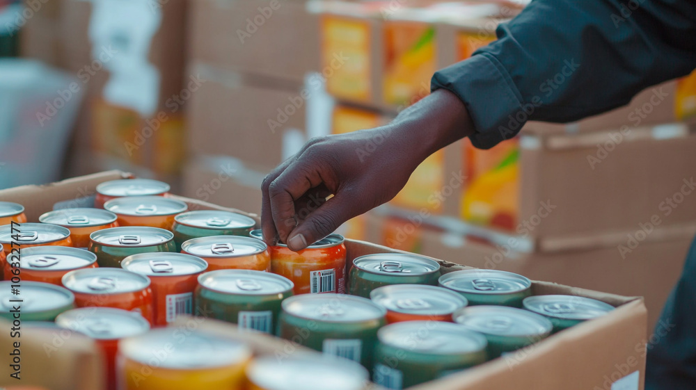 A person selecting a beverage from a colorful display of cans in a grocery store aisle A person selecting a beverage from a colorful display of cans in a grocery store aisle