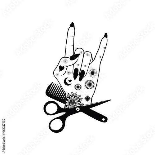 Hair Hustler vector illustration in black and white -  Hair Stylist Hand Clipart Design 