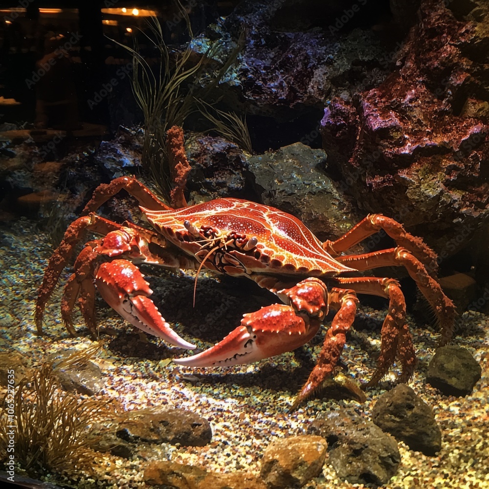 magnificent king crab resting at the bottom of a large, well-lit restaurant aquarium