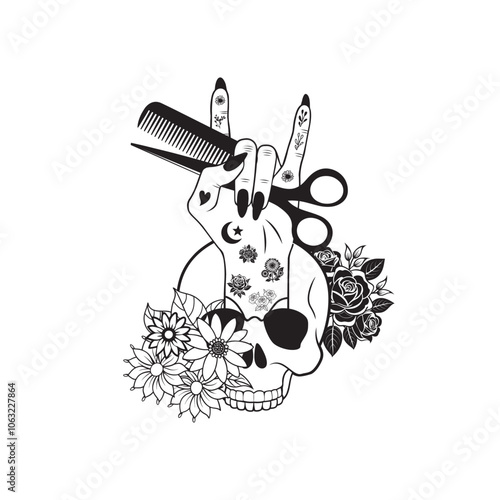 Hair Hustler vector illustration in black and white -  Hair Stylist Hand with skull Clipart Design 