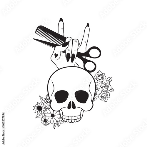 Hair Hustler vector illustration in black and white -  Hair Stylist Hand with skull Clipart Design 