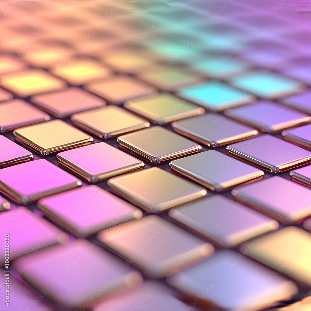 A colorful grid of reflective tiles creating a vibrant, abstract pattern.