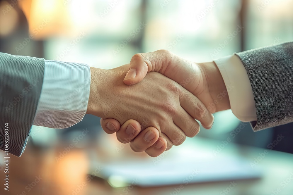 Two individuals engage in a firm handshake, symbolizing agreement, partnership, or collaboration in a professional setting.