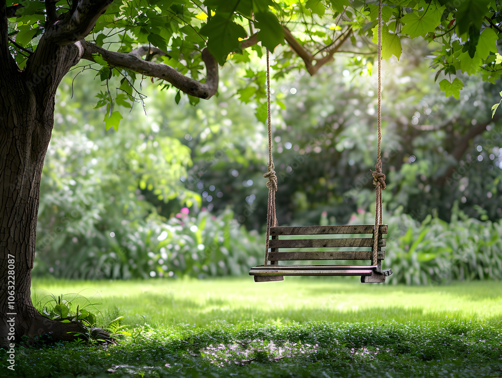 Naklejka premium A wooden garden swing, suspended from a sturdy tree branch with lush greenery in background.