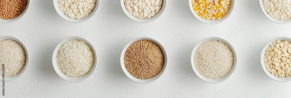 Various grains including oats, rice, and corn are elegantly arranged in stylish bowls against a pristine white background. Generative AI Various grains including oats, rice, and corn are elegantly arranged in stylish bowls against a pristine white background. Generative AI
