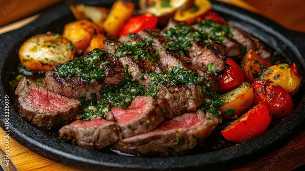 A sizzling plate of churrasco steak, served with roasted A sizzling plate of churrasco steak, served with roasted