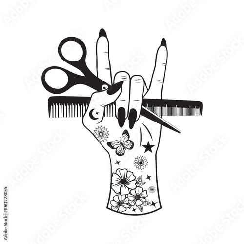 Hair Hustler vector illustration in black and white -  Hair Stylist Hand Clipart Design 