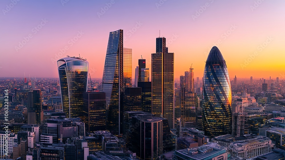 Fototapeta premium The London skyline at dusk with vibrant pink and orange sky.