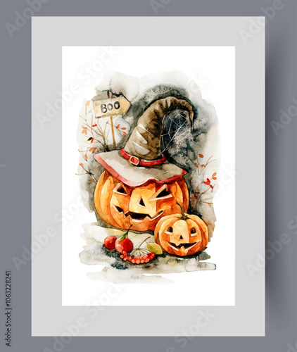 Halloween pumpkins with witch hat near sign that says boo on wall art. Watercolor artwork. Print with jack-o-lanterns made from pumpkins for Halloween celebration, in frame with decor for poster photo