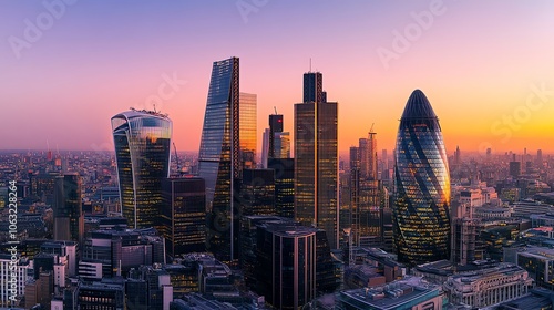 The London skyline at dusk with vibrant pink and orange sky.