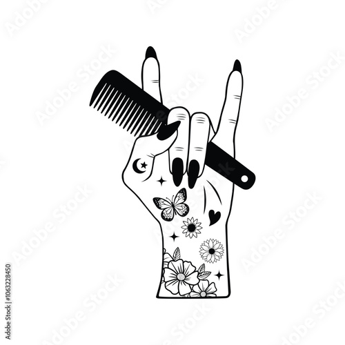 Hair Hustler vector illustration in black and white -  Hair Stylist Hand Clipart Design 