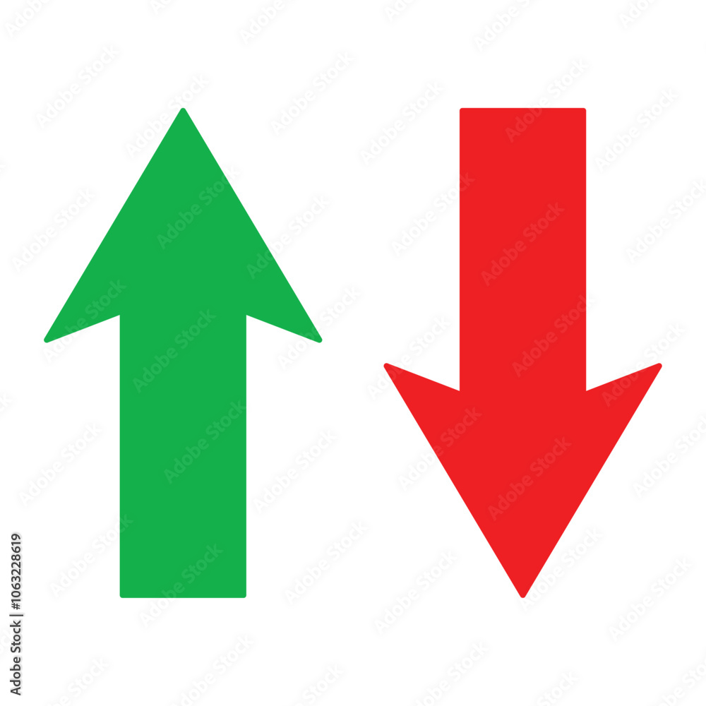 Up and Down sign with green and red arrows vector illustration. Concept of sales bar chart symbol icon with arrow moving down and sales bar chart with arrow moving up. Up and Down sign with green and red arrows vector illustration. Concept of sales bar chart symbol icon with arrow moving down and sales bar chart with arrow moving up.