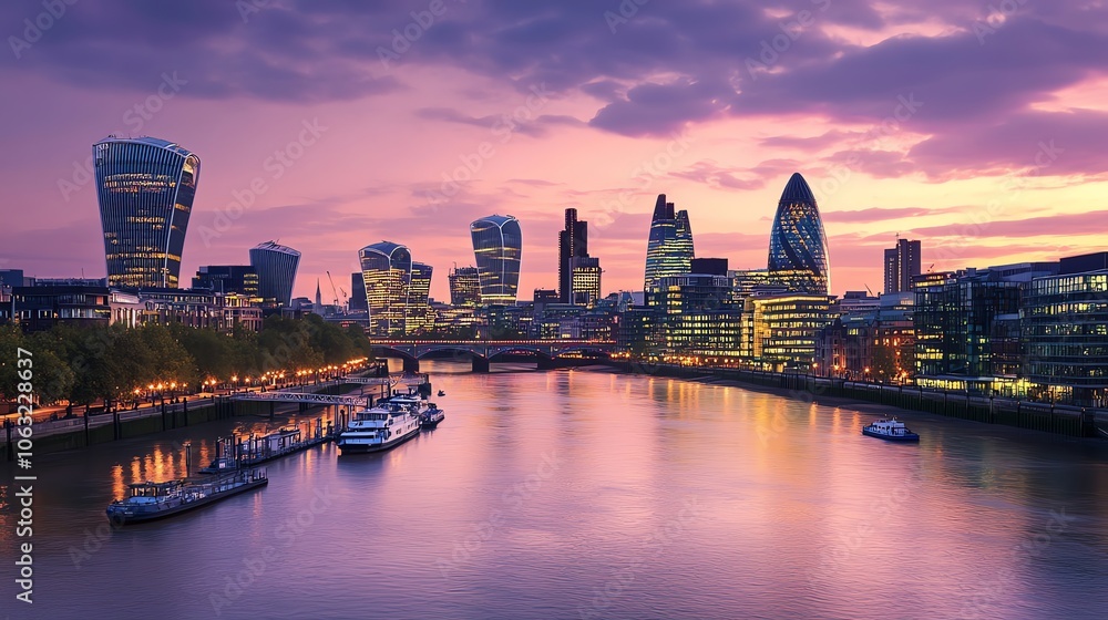 Fototapeta premium The London skyline at dusk with vibrant pink and orange sky.