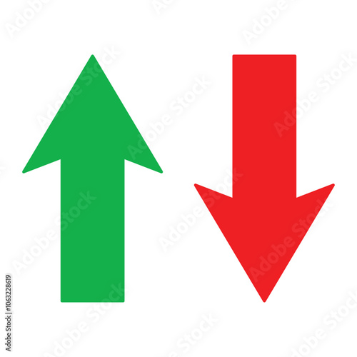 Up and Down sign with green and red arrows vector illustration. Concept of sales bar chart symbol icon with arrow moving down and sales bar chart with arrow moving up.	