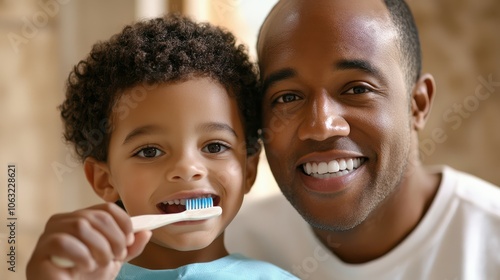 Boy, mirror and father brushing teeth with kid for oral health, learning or teaching at home. Bathroom, interracial family or dad and child cleaning mouth for dental care routine together in morning