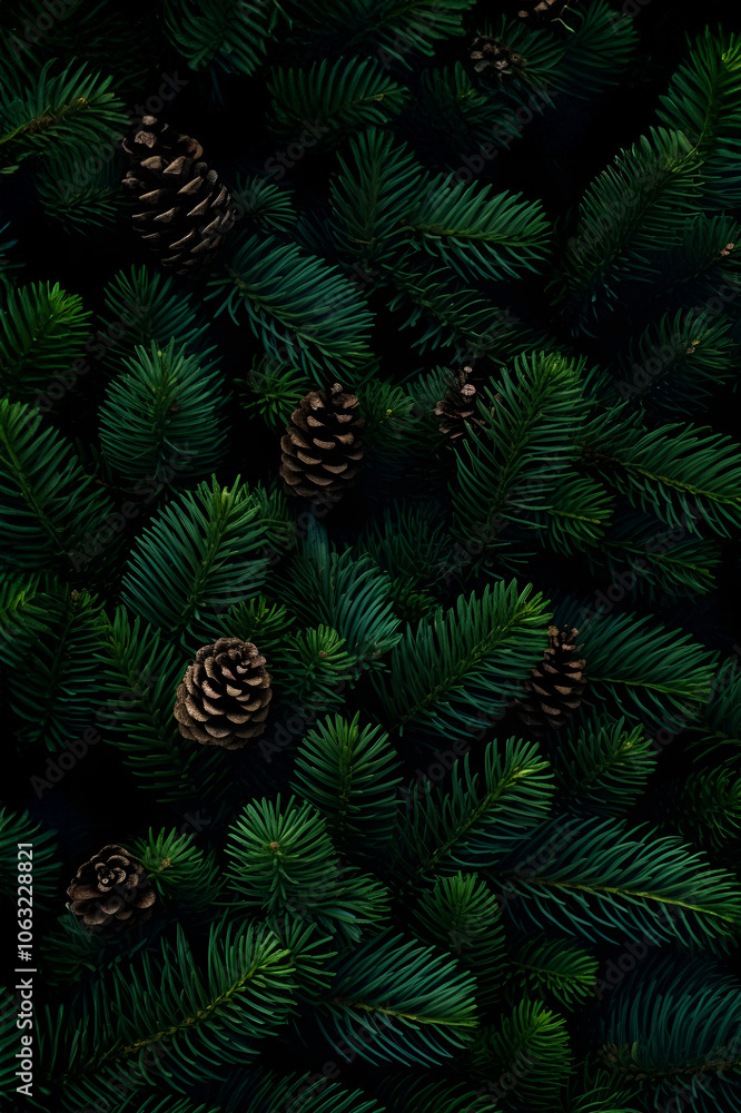 Fir branches and cones green needle abstract background Christmas texture. Vertical composition. Fir branches and cones green needle abstract background Christmas texture. Vertical composition.