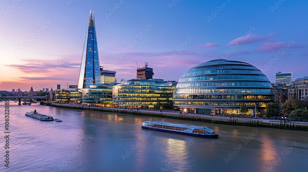 Naklejka premium The London skyline at dusk with vibrant pink and orange sky.