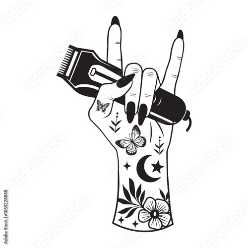 Hair Hustler vector illustration in black and white -  Hair Stylist Hand Clipart Design 