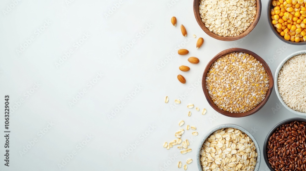 Various grains such as oats, rice, and corn are arranged in stylish bowls against a clean white background, ideal for healthy cooking. Generative AI Various grains such as oats, rice, and corn are arranged in stylish bowls against a clean white background, ideal for healthy cooking. Generative AI