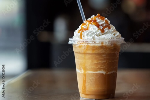 caramel frappuccino smoothie in a clear plastic cup with a straw, finished with a swirl of whipped cream and a drizzle of caramel sauce, set on a cafe table