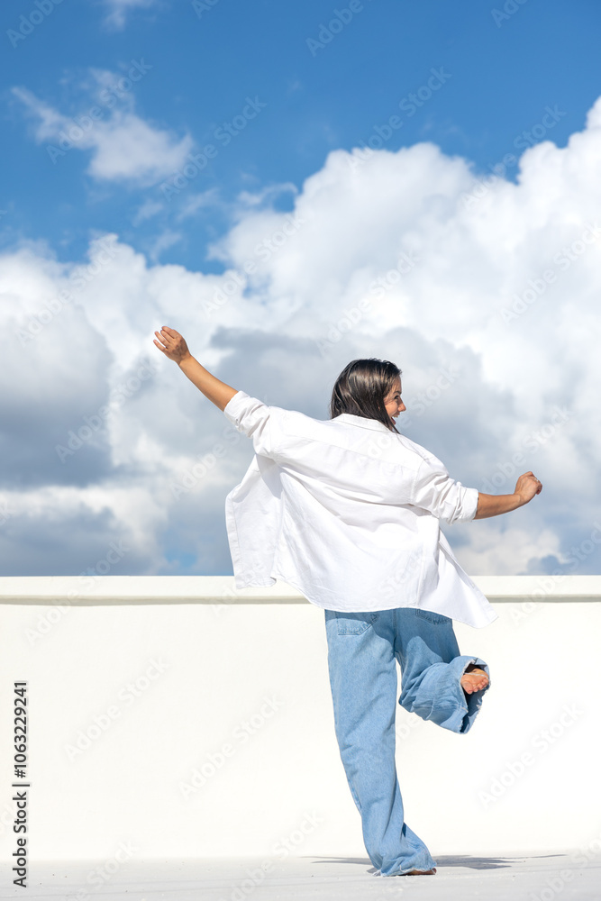 Joyful pregnant woman on the background of the sky. Concept of pregnancy. Joyful pregnant woman on the background of the sky. Concept of pregnancy.