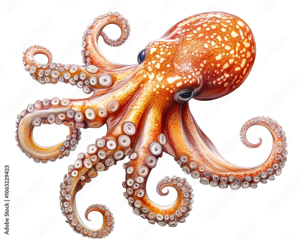Fototapeta premium vibrant orange octopus with intricate patterns and long, curling tentacles, showcasing its unique features and textures in captivating underwater scene