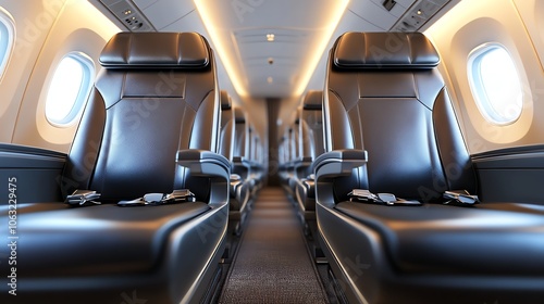 Empty rows of blue leather airplane seats with overhead compartments.