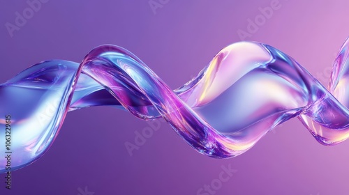 Fototapeta Naklejka Na Ścianę i Meble -  Flying iridescent glass ribbon or water wave 3d render. Holographic transparent shape with gradient texture in motion. Abstract crystal or plastic form on purple geometric background
