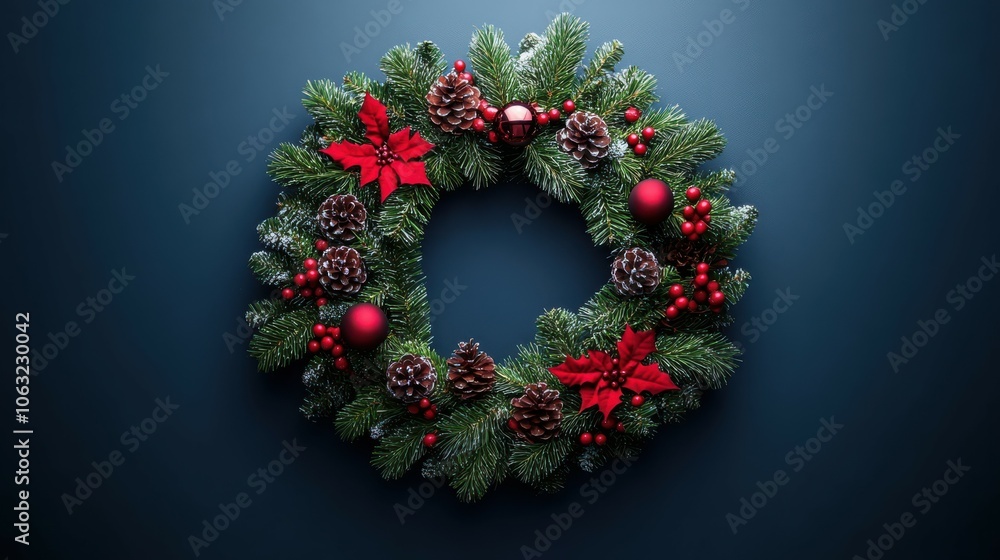 Geometric Christmas wreath with perfectly spaced decorations, forming a balanced circular design with festive elements. 4K hyperrealistic photo. Geometric Christmas wreath with perfectly spaced decorations, forming a balanced circular design with festive elements. 4K hyperrealistic photo.