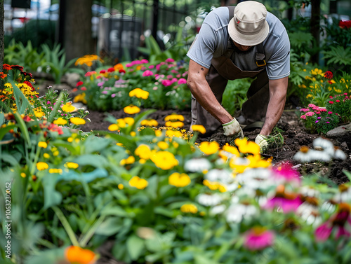 Gardener in colorful overalls working among vibrant flowers in well-kept garden on a sunny day. photo