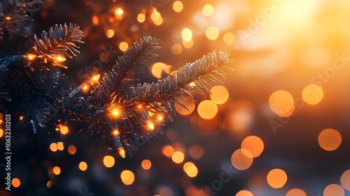 Wallpaper Mural Close-up of a Christmas Tree Branch with Warm Lights and Bokeh Background Torontodigital.ca