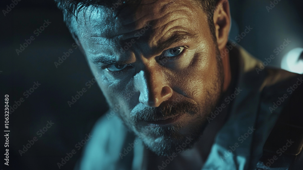 A man delivering powerful lines in a dramatic close-up, showcasing intense emotions in a dimly lit setting during a pivotal moment A man delivering powerful lines in a dramatic close-up, showcasing intense emotions in a dimly lit setting during a pivotal moment