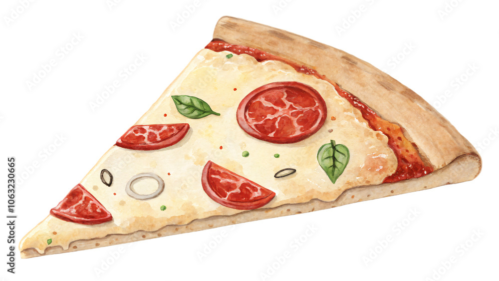 A savory slice of pepperoni pizza with gooey cheese and crisp crust, isolated on a white background A savory slice of pepperoni pizza with gooey cheese and crisp crust, isolated on a white background