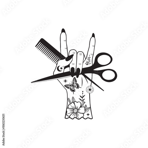 Hair Hustler vector illustration in black and white -  Hair Stylist Hand Clipart Design 