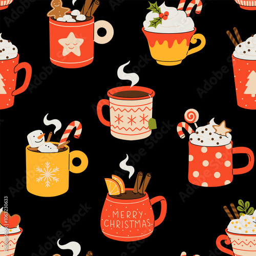 Christmas and Happy New Year seamless pattern. Mugs of cacao with whipped cream, marshmallow and candy cane. Greeting card for Xmas, New year or winter holidays. Vector design template.