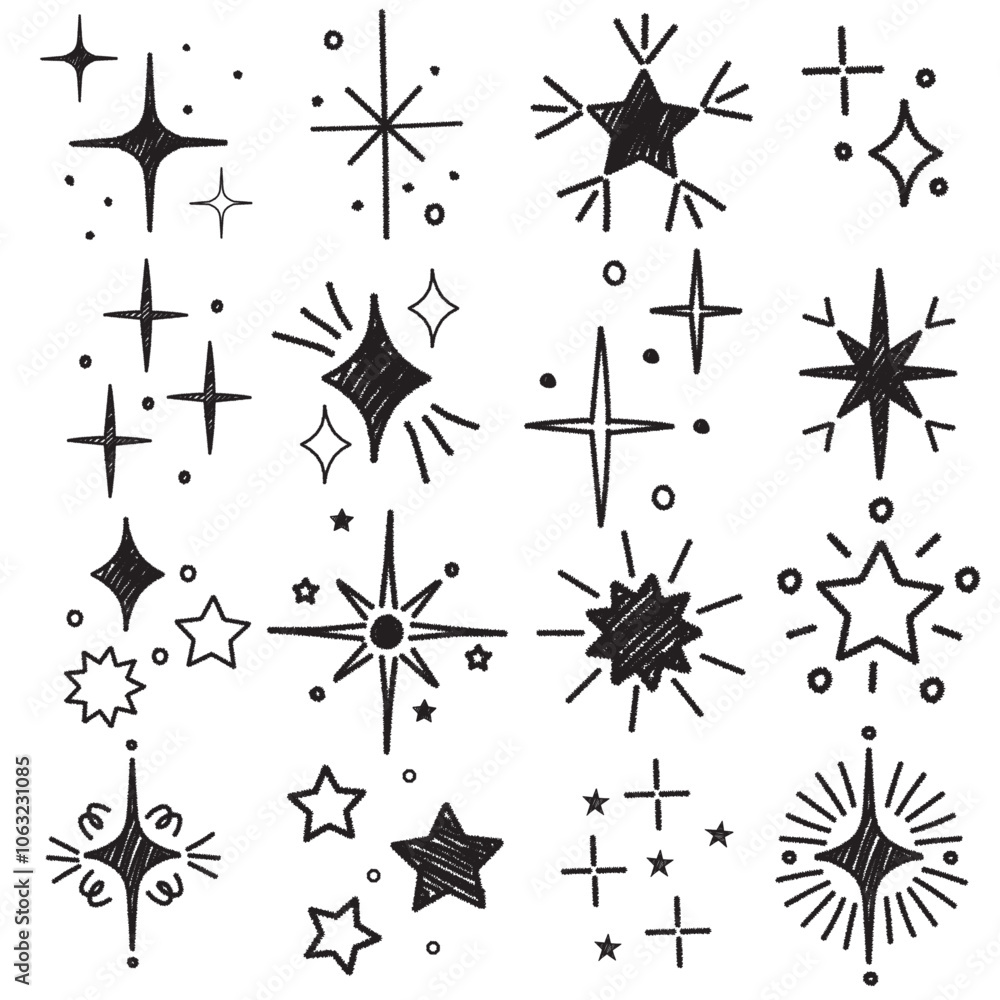 Obraz premium Hand drawn star sparkle shine of doodle set. Charcoal pen drawn star shine glow, spark glitter, sparkle light. Vector chalk graphic elements