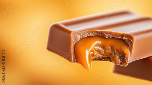 Creamy caramel oozes from a milk chocolate bar, creating a tempting and indulgent treat, AI photo