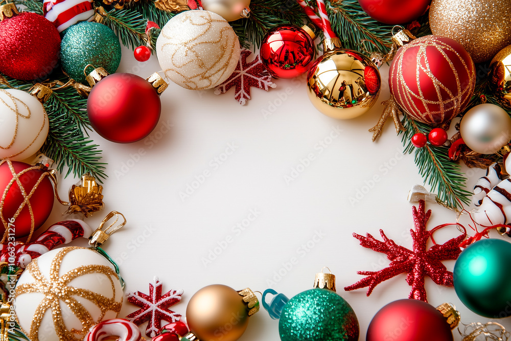 A bunch of Christmas ornaments are arranged in a circle on a white background A bunch of Christmas ornaments are arranged in a circle on a white background