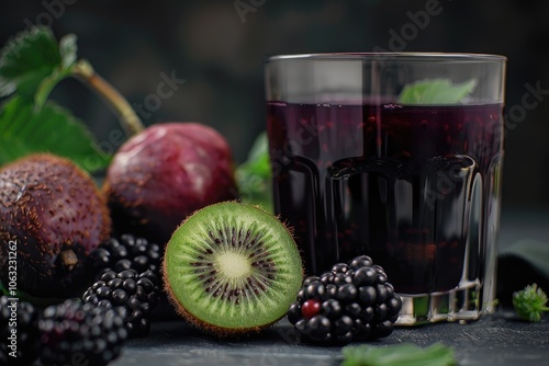 A Glass of Blackberry Juice with Kiwi Slices and Blackberries photo