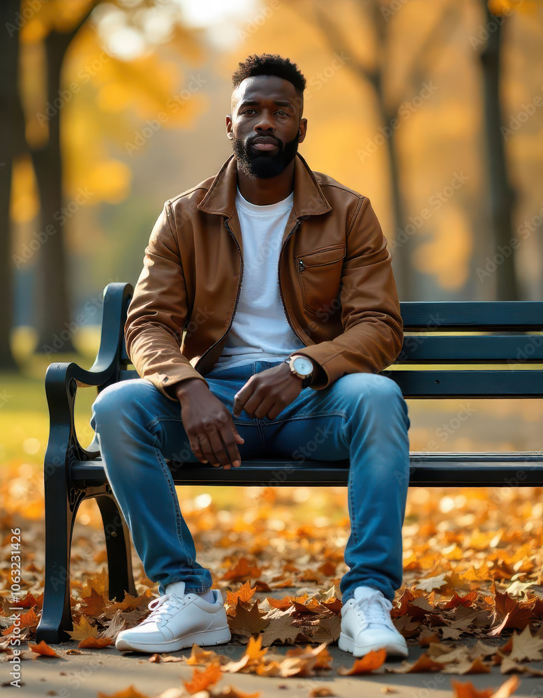 Young man with short dark hair wearing a brown jacket, white shirt, and blue jeans sitting on a bench in a park with autumn leaves Young man with short dark hair wearing a brown jacket, white shirt, and blue jeans sitting on a bench in a park with autumn leaves