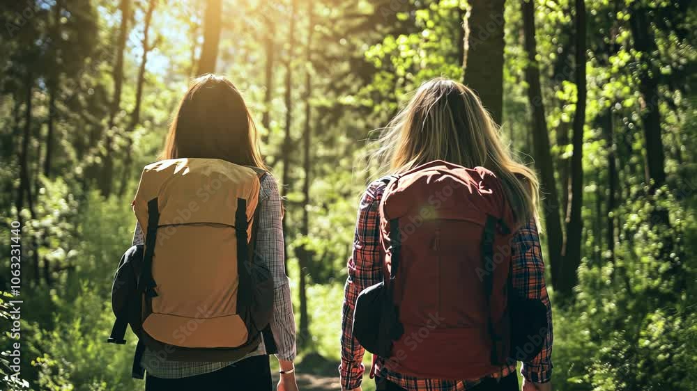 Women, hiking and adventure in forest with backpacks for travel, exploration and nature walk. Friends, outdoor journey and bonding for wellness, fitness and discovery in green woodland Women, hiking and adventure in forest with backpacks for travel, exploration and nature walk. Friends, outdoor journey and bonding for wellness, fitness and discovery in green woodland