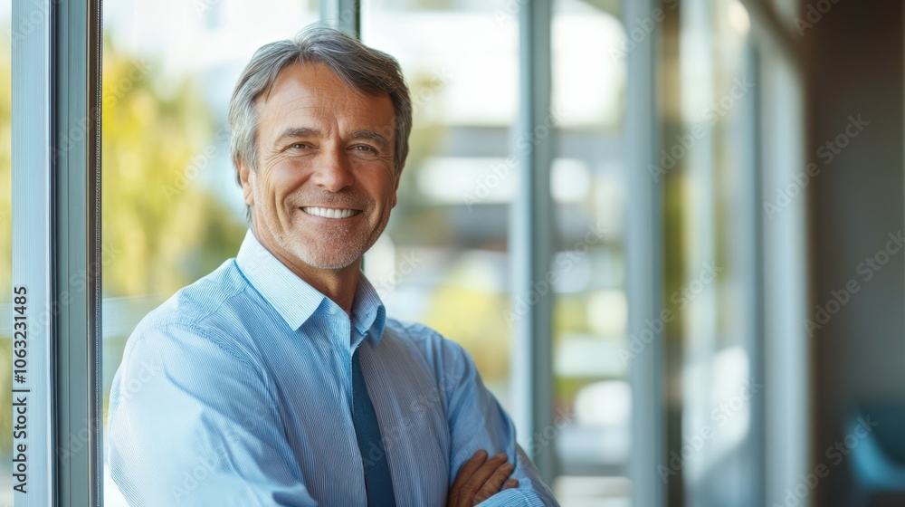 Head And Shoulders Portrait Of Smiling Mature Businessman Standing By Window In Office Head And Shoulders Portrait Of Smiling Mature Businessman Standing By Window In Office